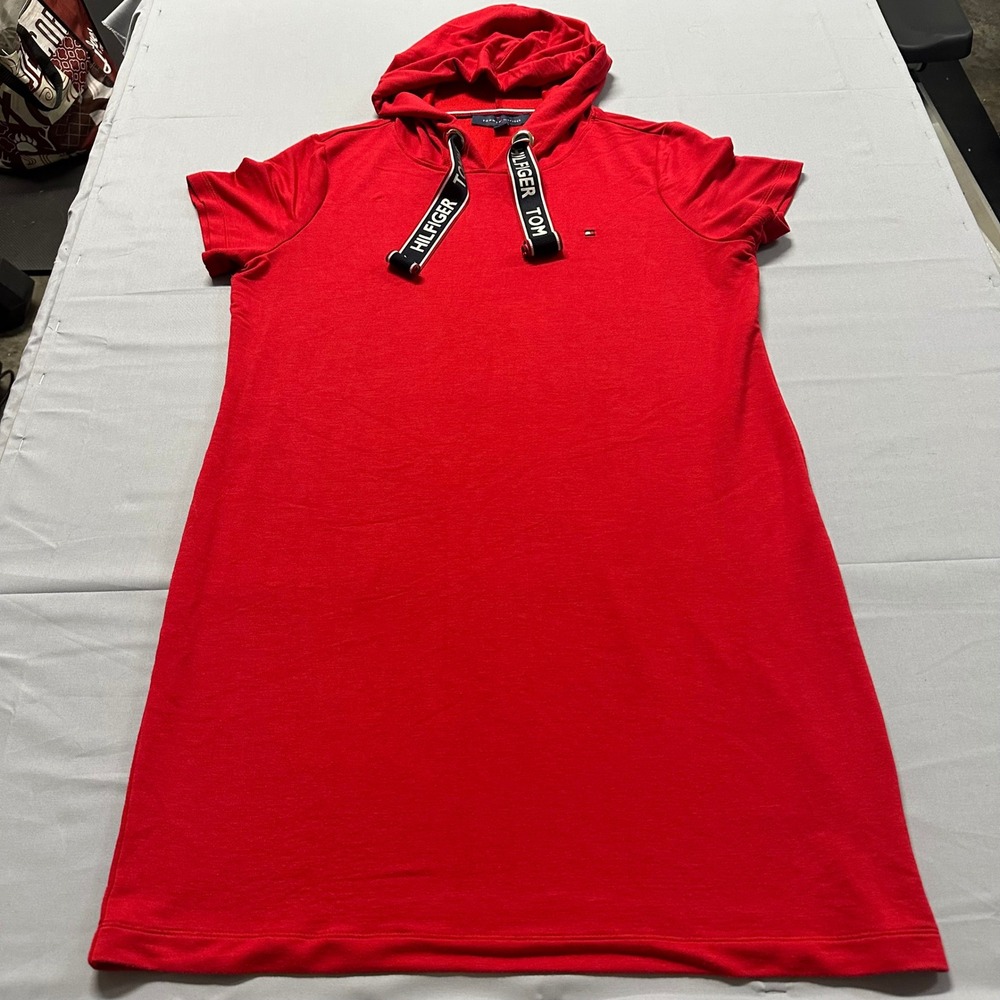 Tommy Hilfiger Womens Red Short Sleeve Hoodie Dress Logo Drawstring Medium